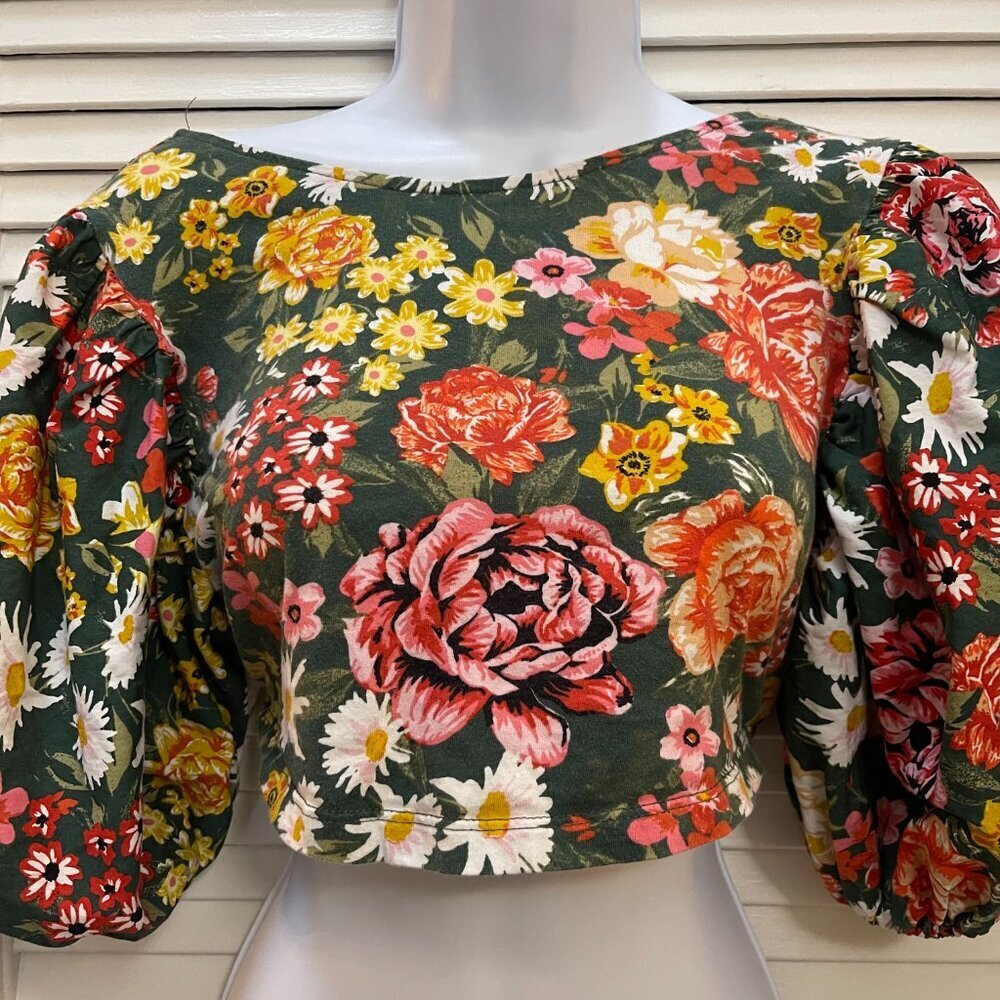 Zara Green Floral Puff Sleeve Crop Top Smocked Back Size S - Picture 3 of 8